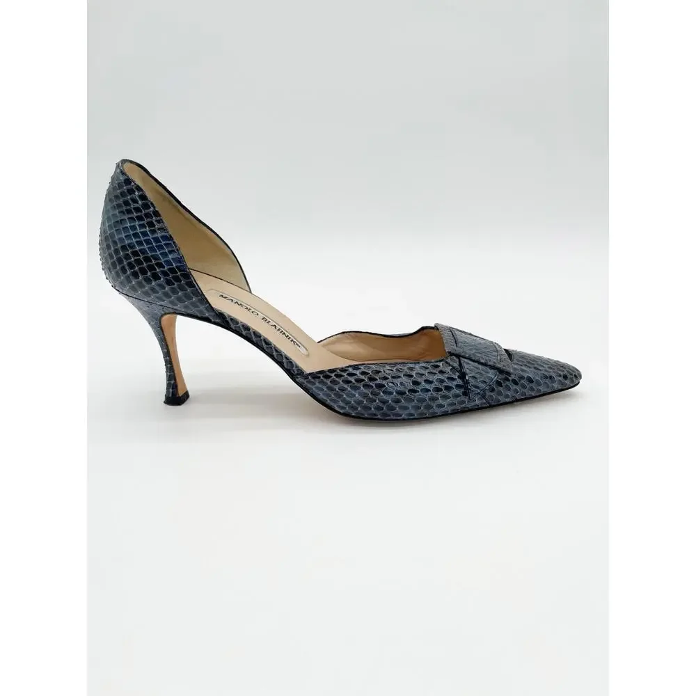 Manolo Blahnik Vintage Blue Python Snakeskin Buckle Pointed Toe Heels IT 39.5